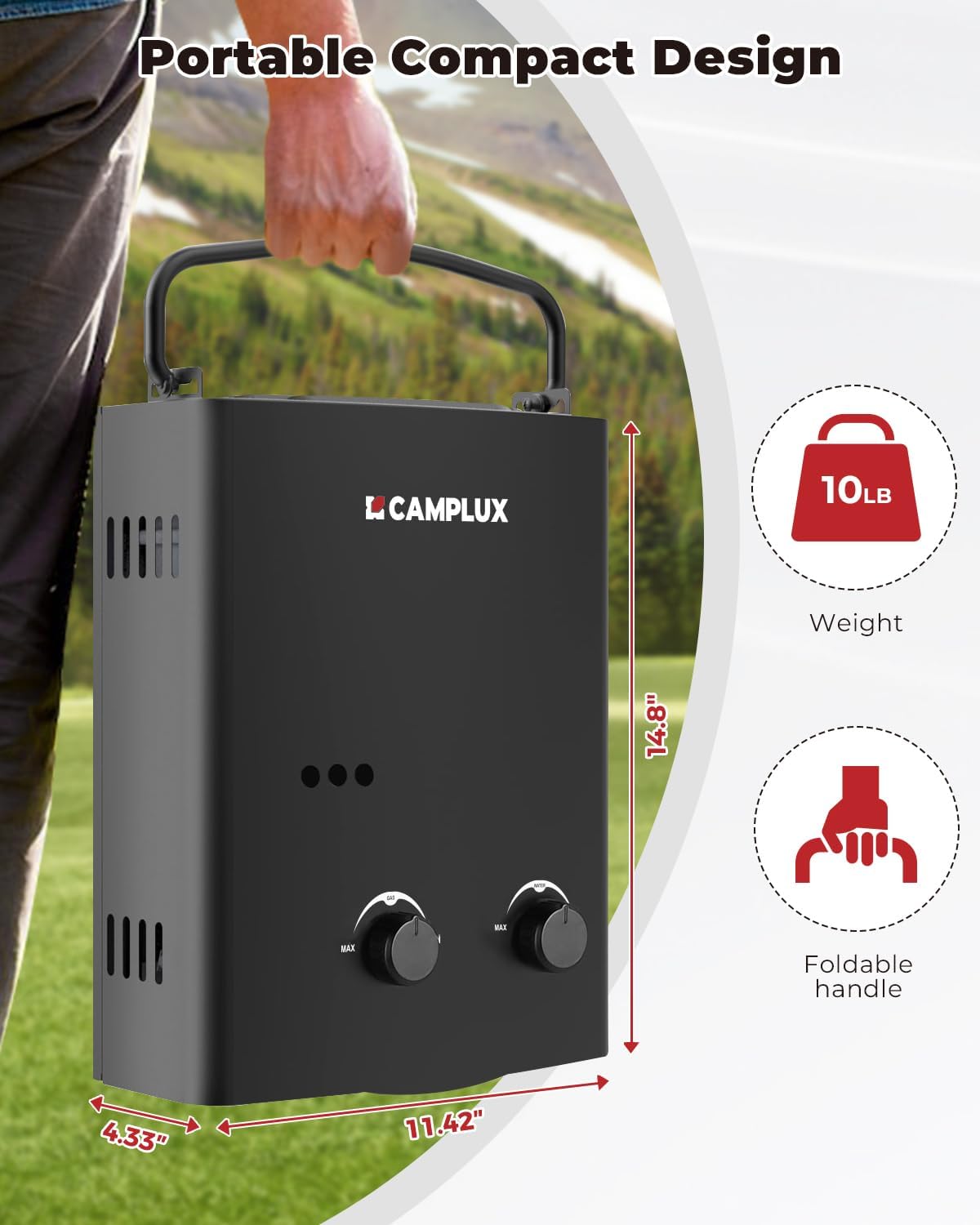 CAMPLUX 1.32 GPM Portable Water Heater, 5L Tankless Water Heater Propane Outdoor, AY132BN, Black
